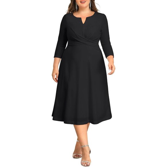 Plus Size V-Neck A-Line Midi Dress for Women Semi Formal Church Wedding